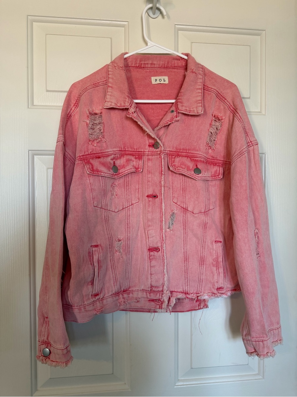 POL Washed Pink Distressed Denim Jacket - size M